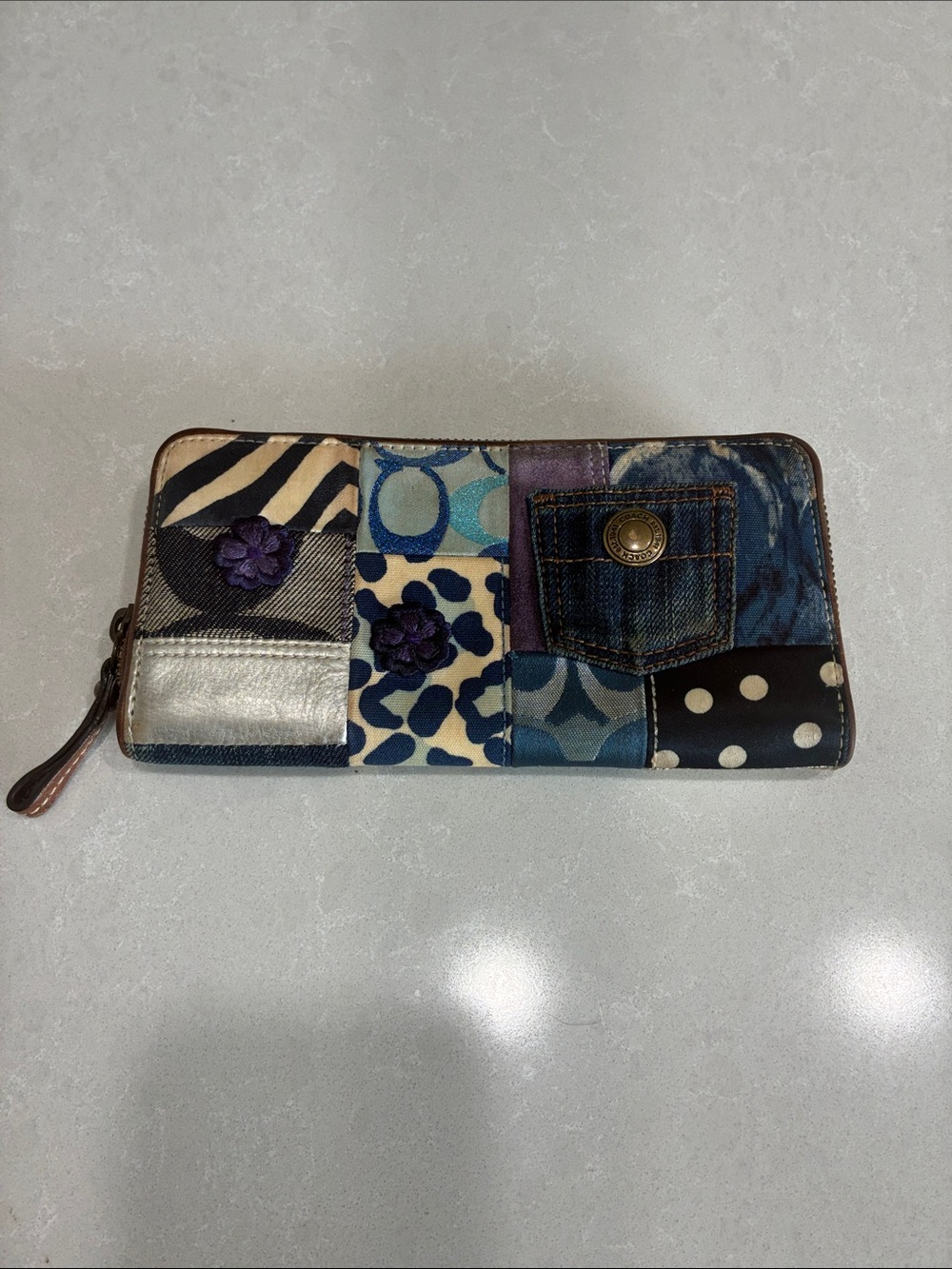 Coach Patchwork Zip Wallet in Blue, Purple, Silver & Black